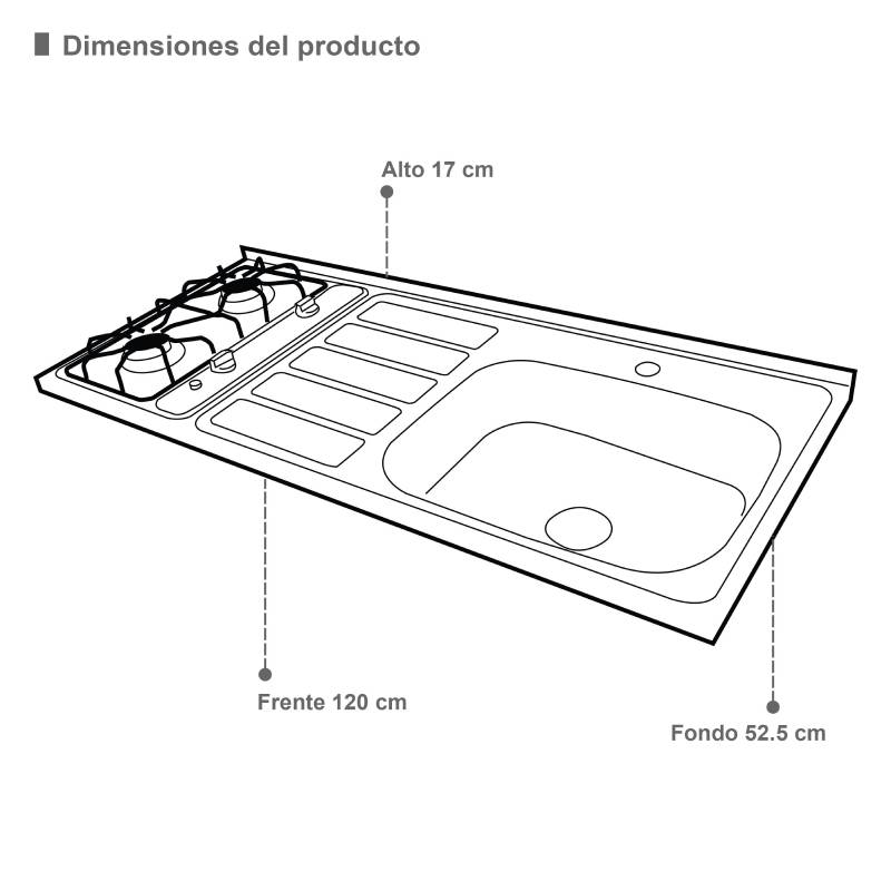 Tarja con estufa derecha de gas L.P y gas natural con 2 quemadores SUPER FLAMA en acero inoxidable