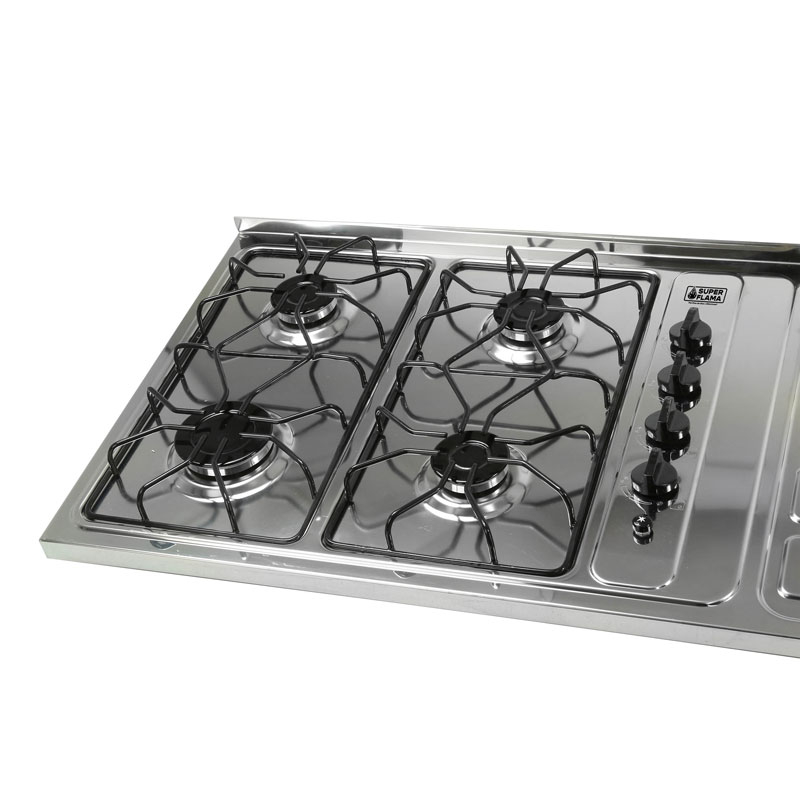 Tarja con estufa de gas L.P y gas natural con 4 quemadores SUPER FLAMA en acero inoxidable