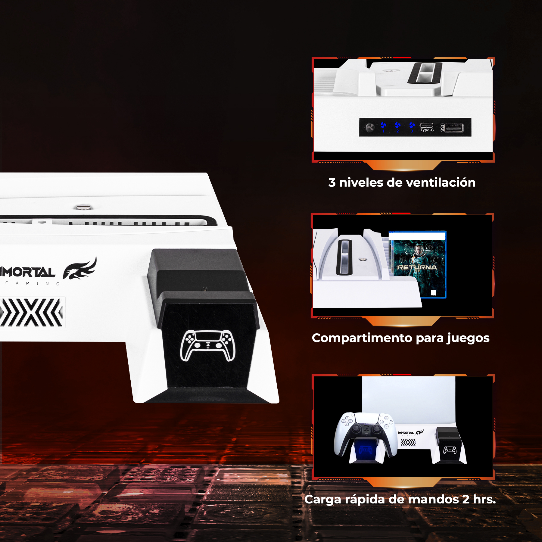 Base de Carga Dual y Sistema de enfríamiento para Play Station 5 IMMORTAL GAMING