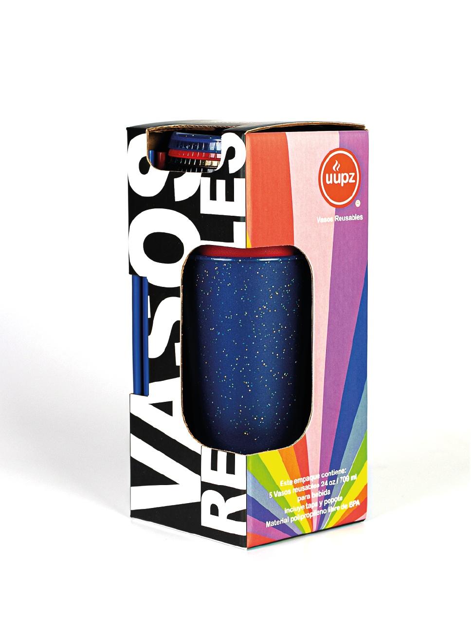 SET DE 5 VASOS REUSABLES DE PLÁSTICO, CON TAPA Y POPOTE 709 ML