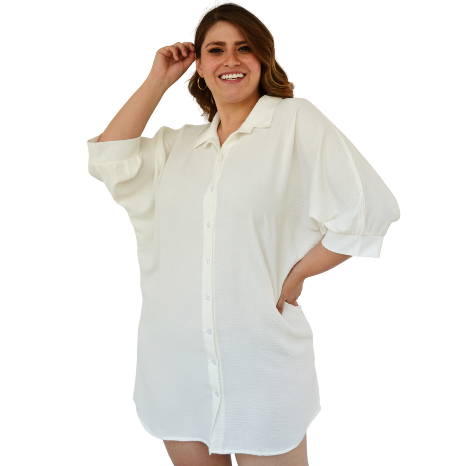 Vestido camisero oversize en talla extra, modelo 1306 (Blanco) 