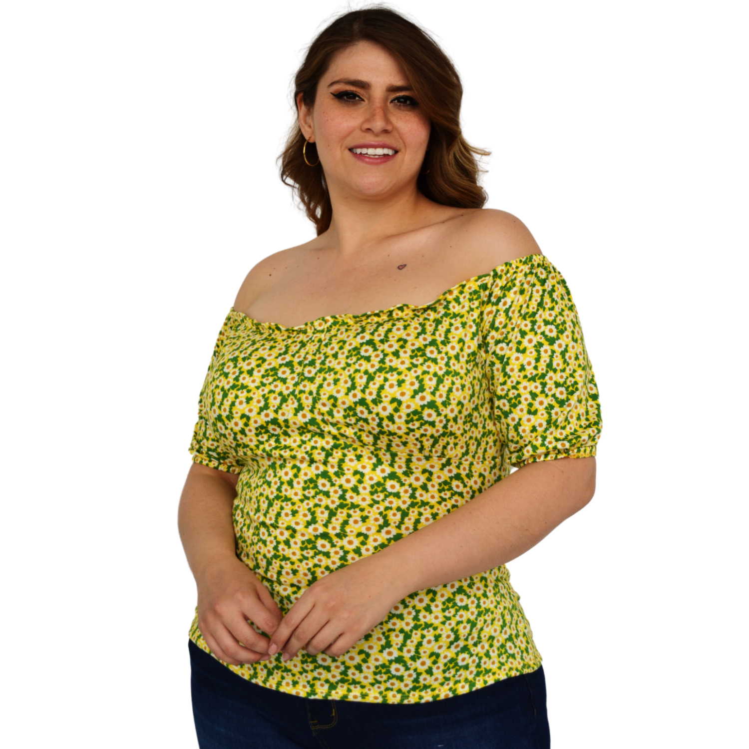Blusa campesina talla extra, modelo 1783 (Amarillo floreado) .