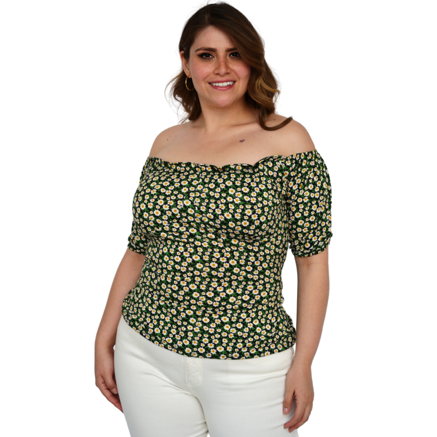 Blusa campesina talla extra, modelo 1783 (Negro floreado)