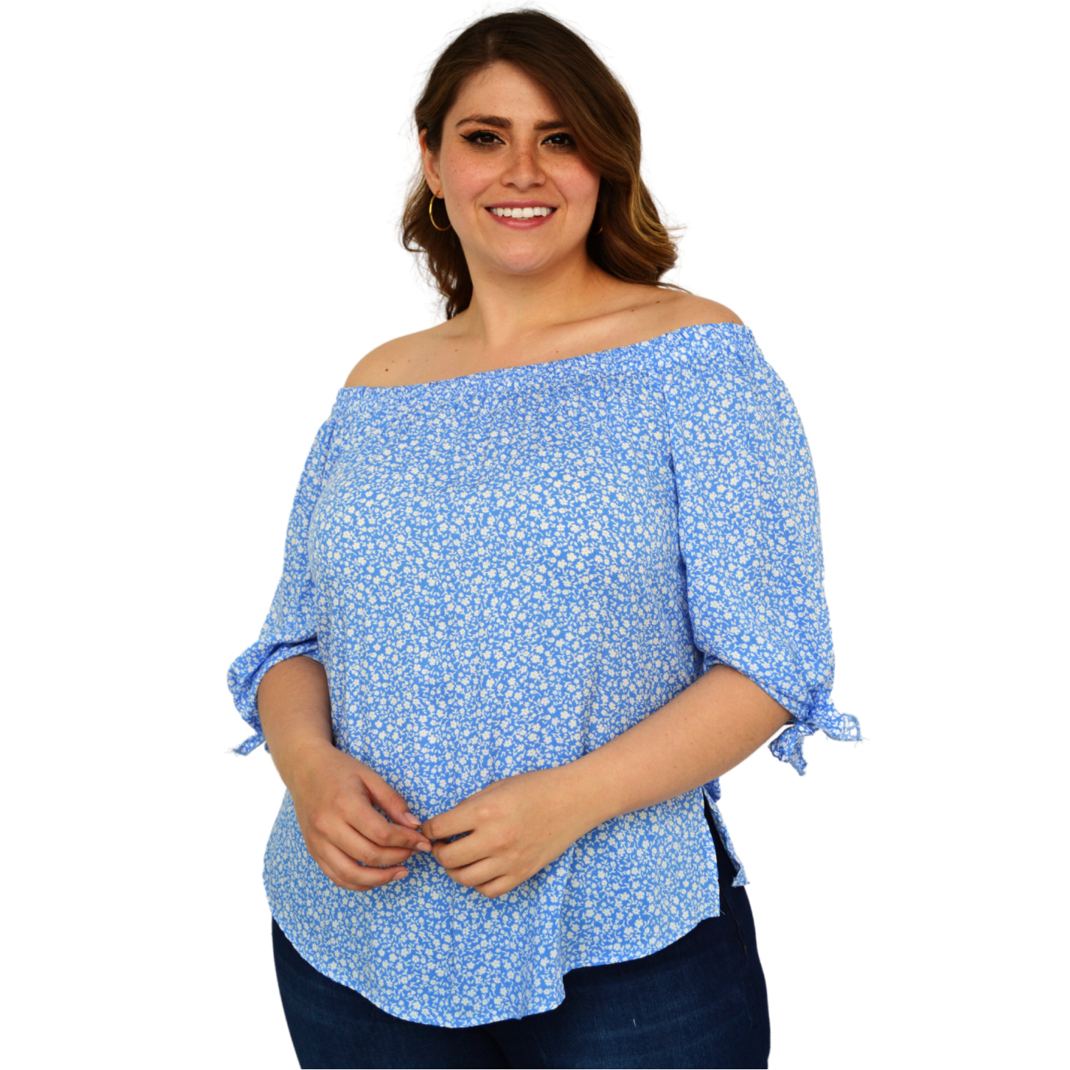 Blusa campesina talla extra, modelo 1608 (Azul floreado) 