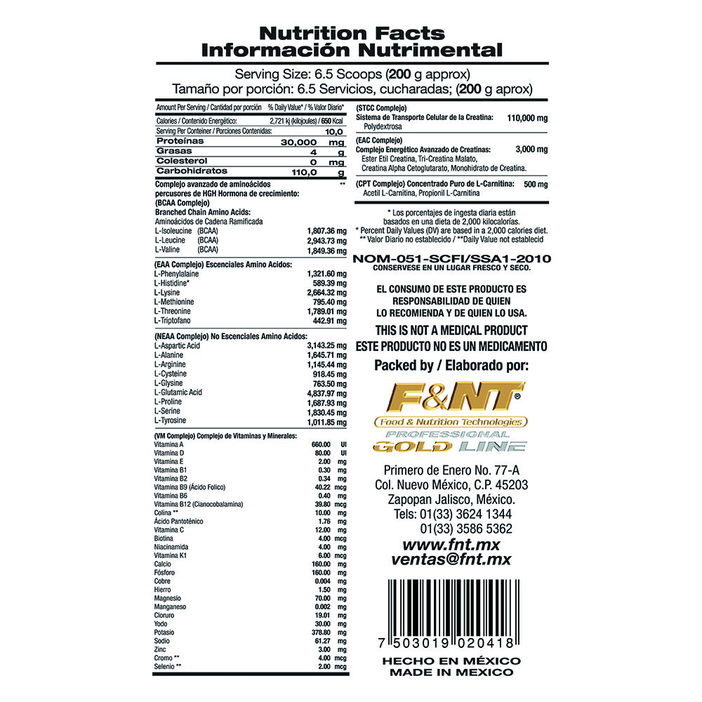 Gainer Mass Muscle & Weight 2,000 Gr Proteina Sabor Vainilla francesa F&nt