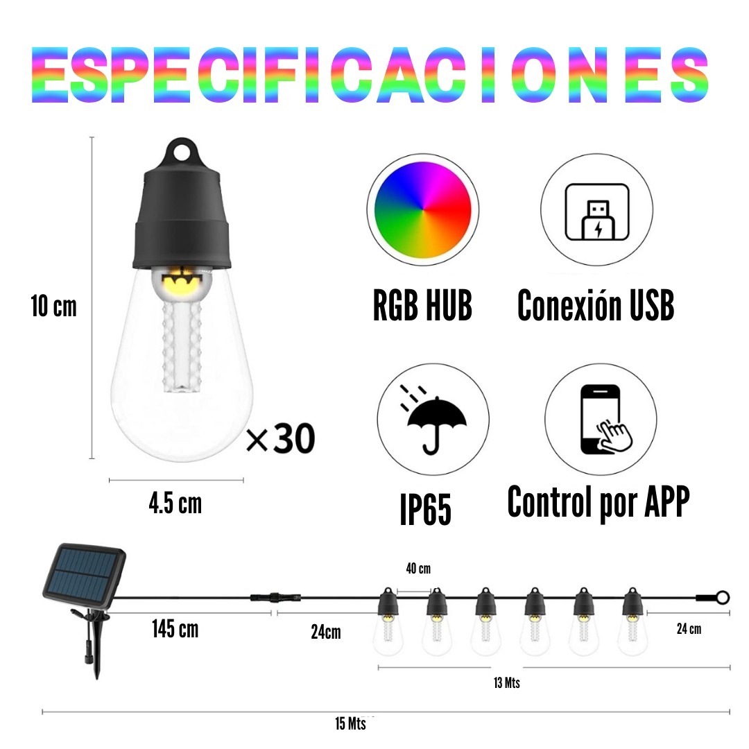 Serie Focos Vintage Exterior Decorativos 13 Metros 30 focos RGBHUB SOLAR DOSYU