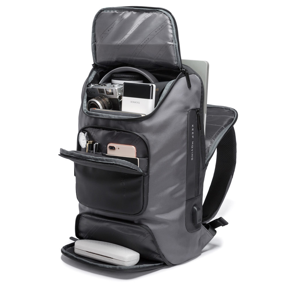 Mochila Negra BANGE. Puerto de carga USB, sistema antirrobo y bloque TSA, correa acolchada. Para portátil de 16 y artículos extra. Modelo BG-7078