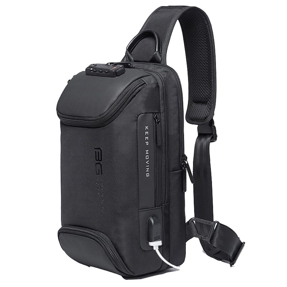 Mochila Cruzada Bange. Sistema antirrobo programable. Carga USB. Material resistente al agua. Compartimientos para tablet de 9.7 y más. Modelo BG-7082