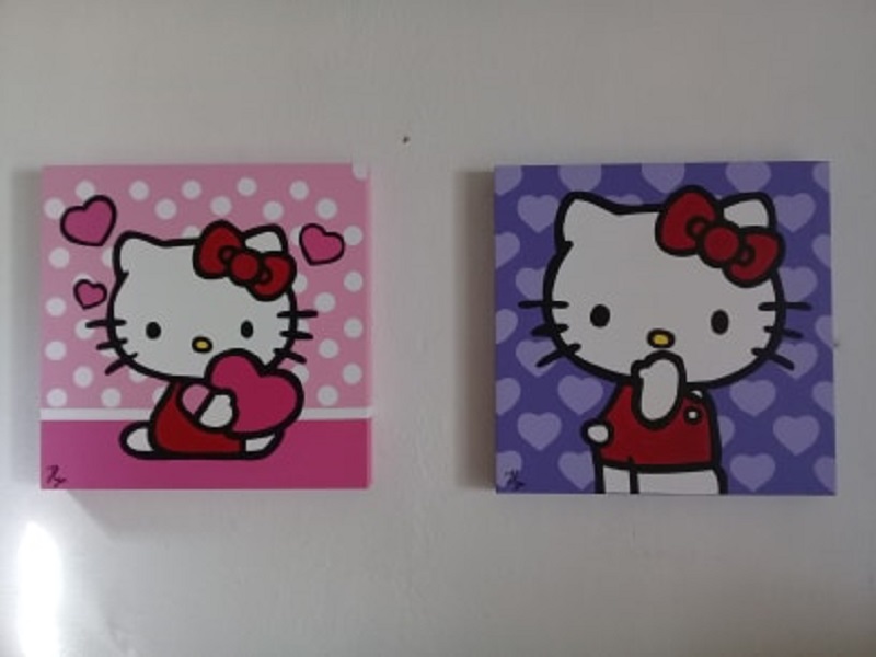 Cuadro decorativo pintado a mano Galería Oneris  HELLO KITTY DIPTICO 40x40