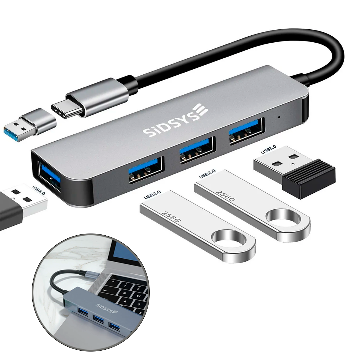 Puertos Hub Usb Adaptador Portatil Para Laptop Usb 3.0 Tipo C 5gbps 4 Puertos USB  