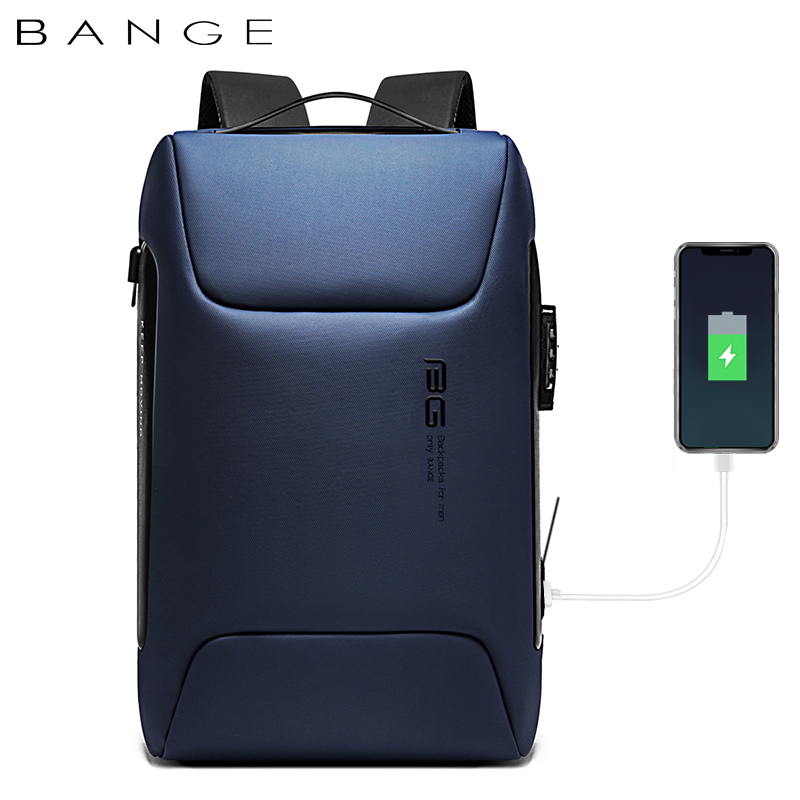  Mochila BANGE. Para laptop, iPad y artículos extra. Candado de seguridad antirrobo, puerto de carga USB y material repelente al agua. Modelo BG-7216