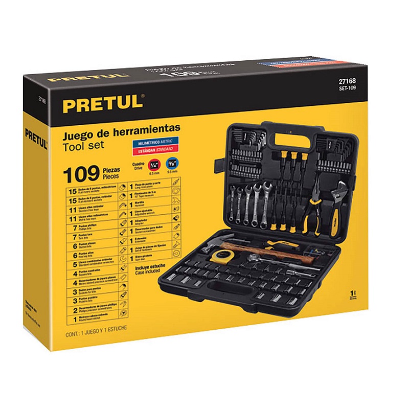 Set de Herramientas Pretul SET-109 Tool Set Autocle con Laves Combinadas dados Perico Martillo Desarmador