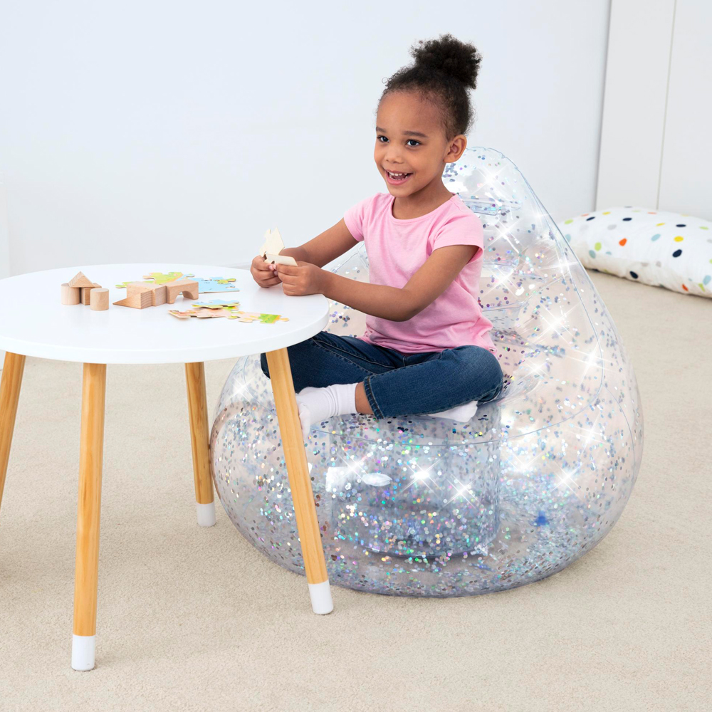 Sillón Puff Sofá Inflable Infantil Glitter Dream Plata Transparente