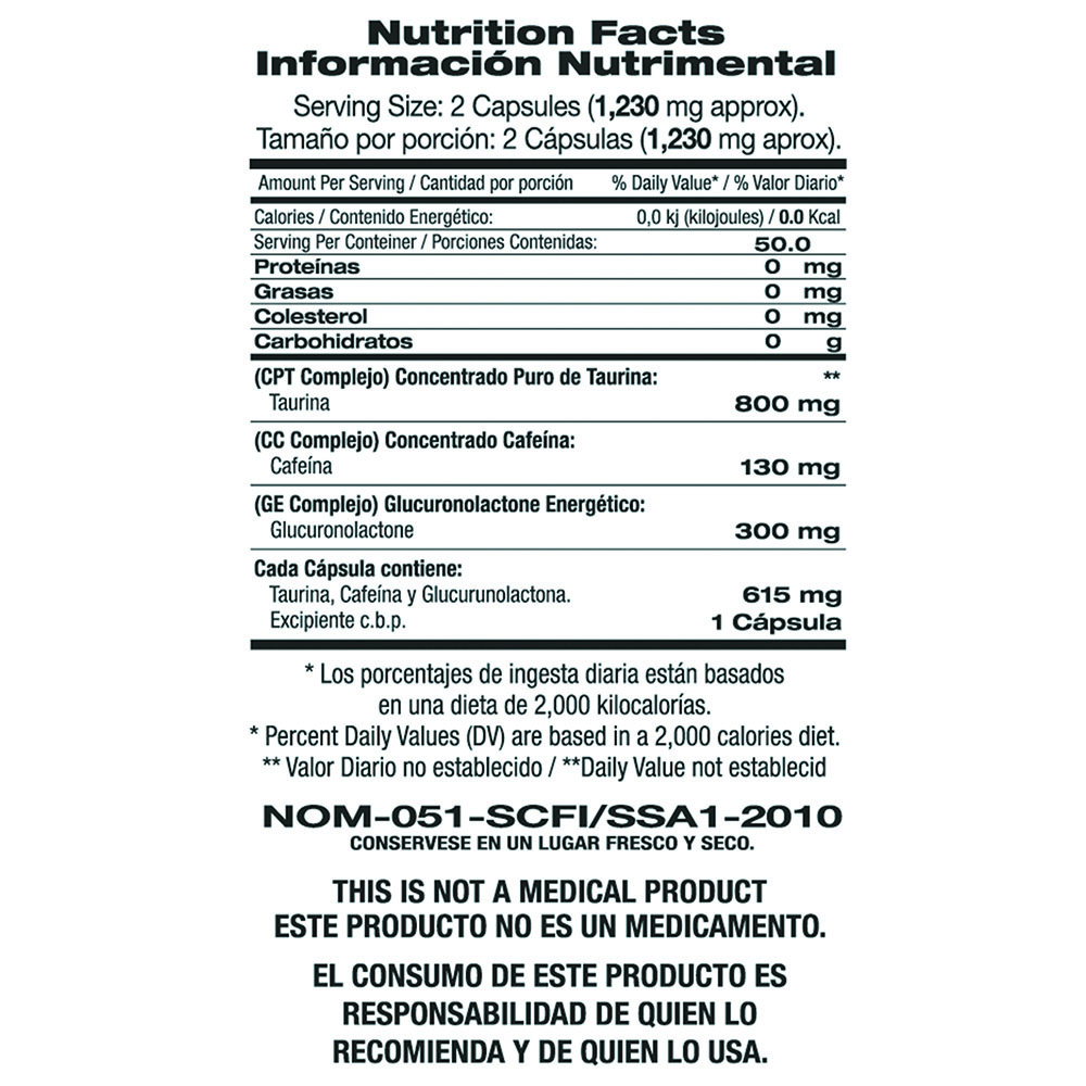 Taurine Caffeine & Glucoronolactone 100 Caps Taurina Cafeina F&nt