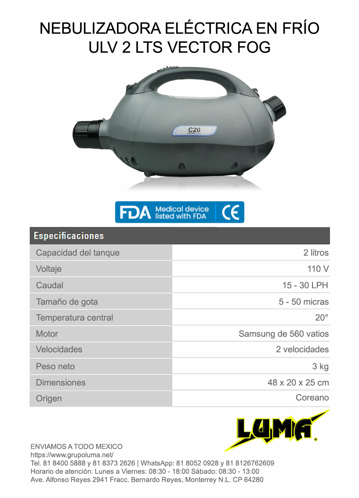 NEBULIZADORA ELÉCTRICA EN FRÍO ULV PARA SANITIZAR 2 LTS VECTORFOG
