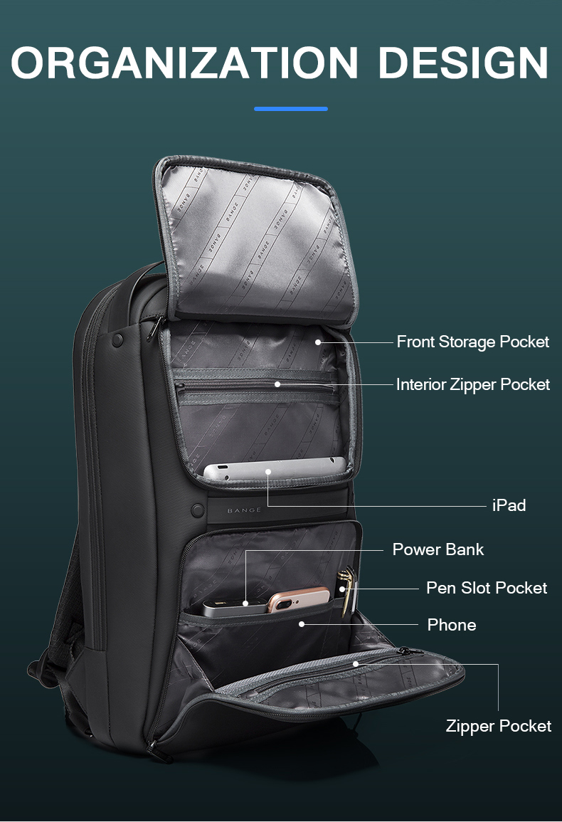 Mochila de Negocios BANGE. Puerto de carga USB, bolsillo antirrobo, correa acolchada y material repelente al agua. Portátil de 16 Modelo BG-7261