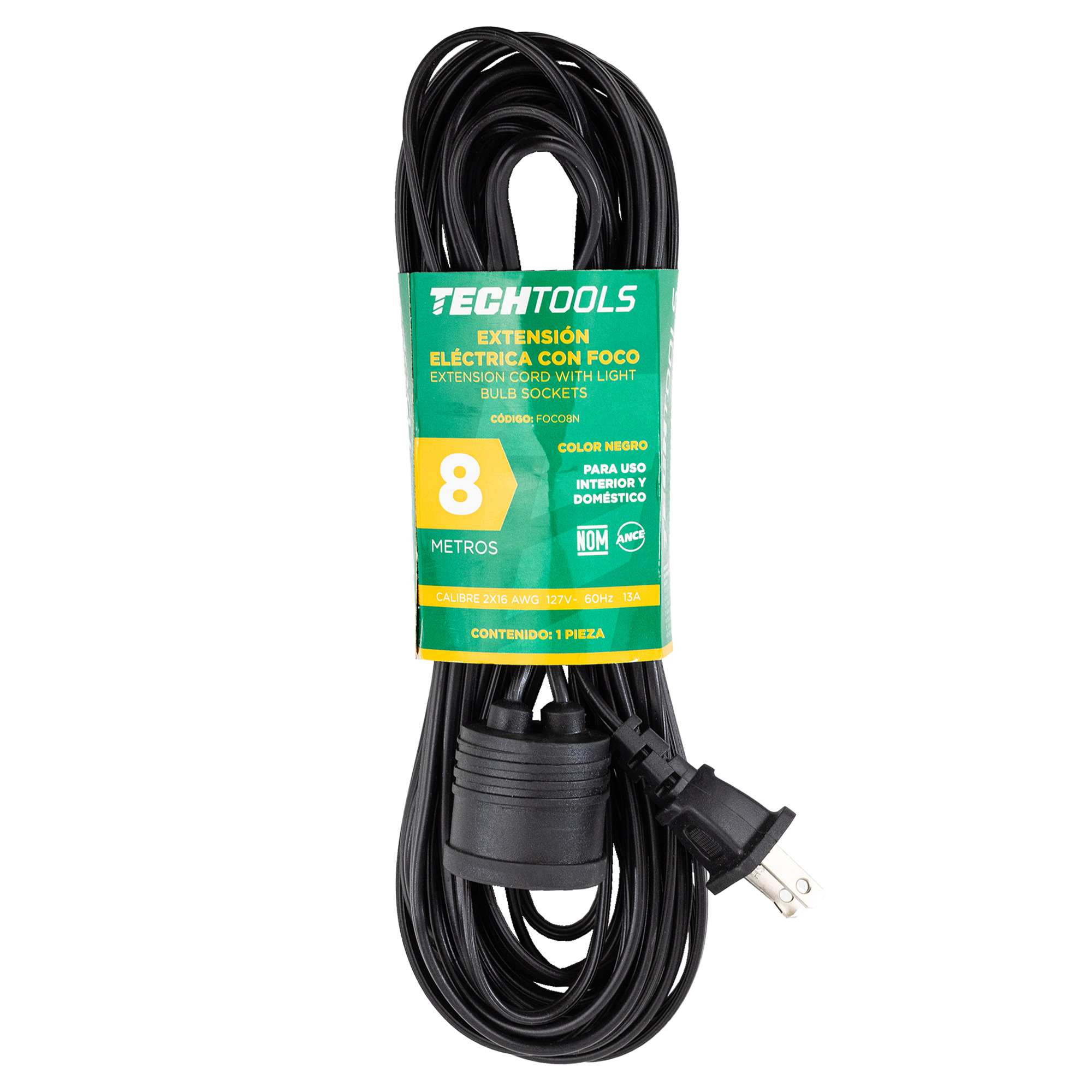 Paquete de 3 Extensiones Eléctricas con Portalámpara, de Color Negro, de 8 Metros. Clavija de 1.31 mm, 127 V, 60 Hz, 13 Amps