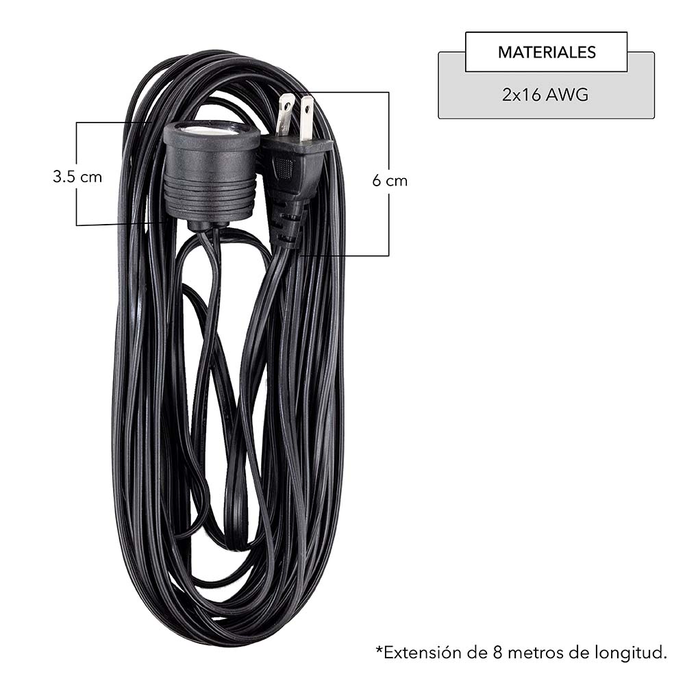 Paquete de 3 Extensiones Eléctricas con Portalámpara, de Color Negro, de 8 Metros. Clavija de 1.31 mm, 127 V, 60 Hz, 13 Amps