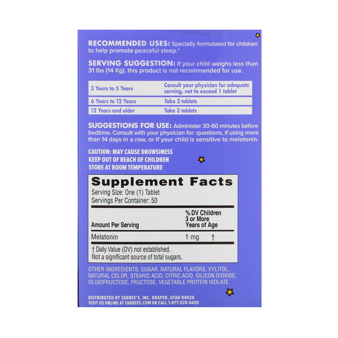 Zarbee's Naturals Children's, Sleep 50 Chewable Tablet With Melatonin Natural Sueño Descanso Relajante Niñas Niños