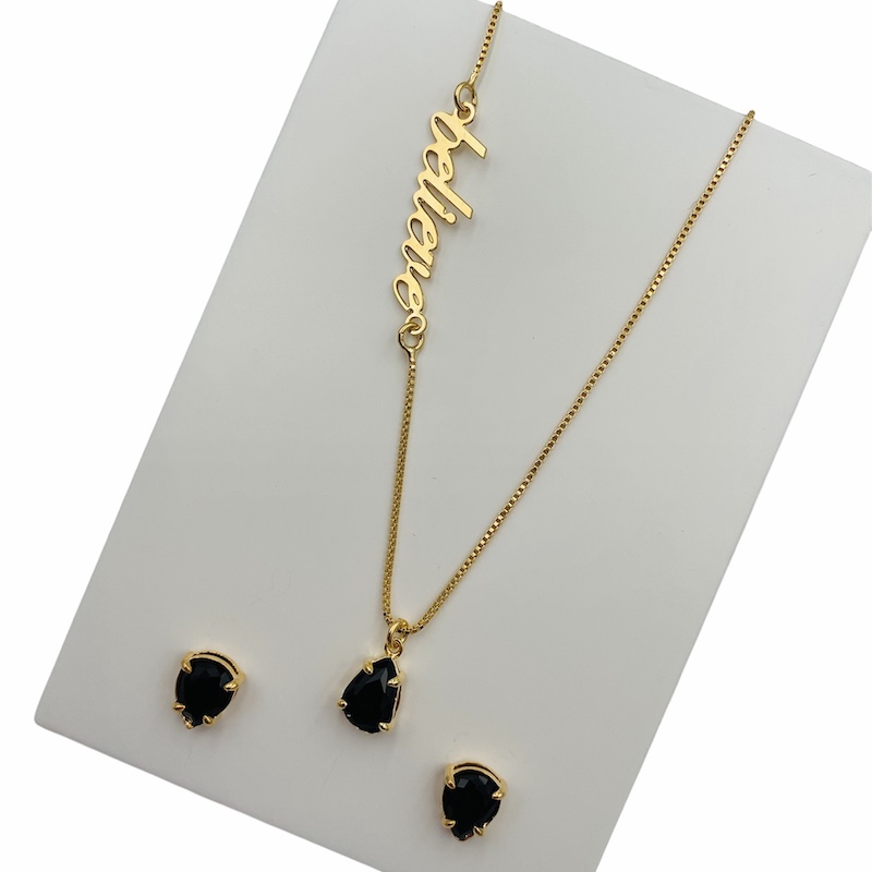 Conjunto Believe Azul- Baño de Oro 18K- Aretes y Collar-Dorado