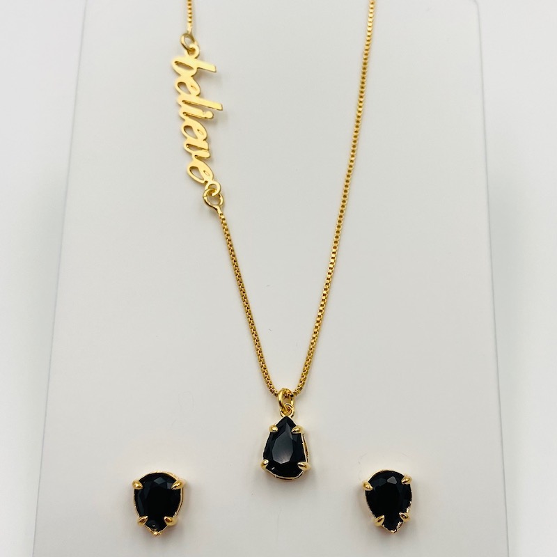 Conjunto Believe Azul- Baño de Oro 18K- Aretes y Collar-Dorado