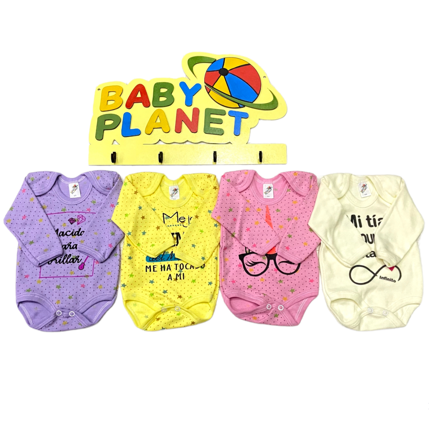 4 pañaleros o bodies en colores pastel con estampados para bebé, 100% algodón