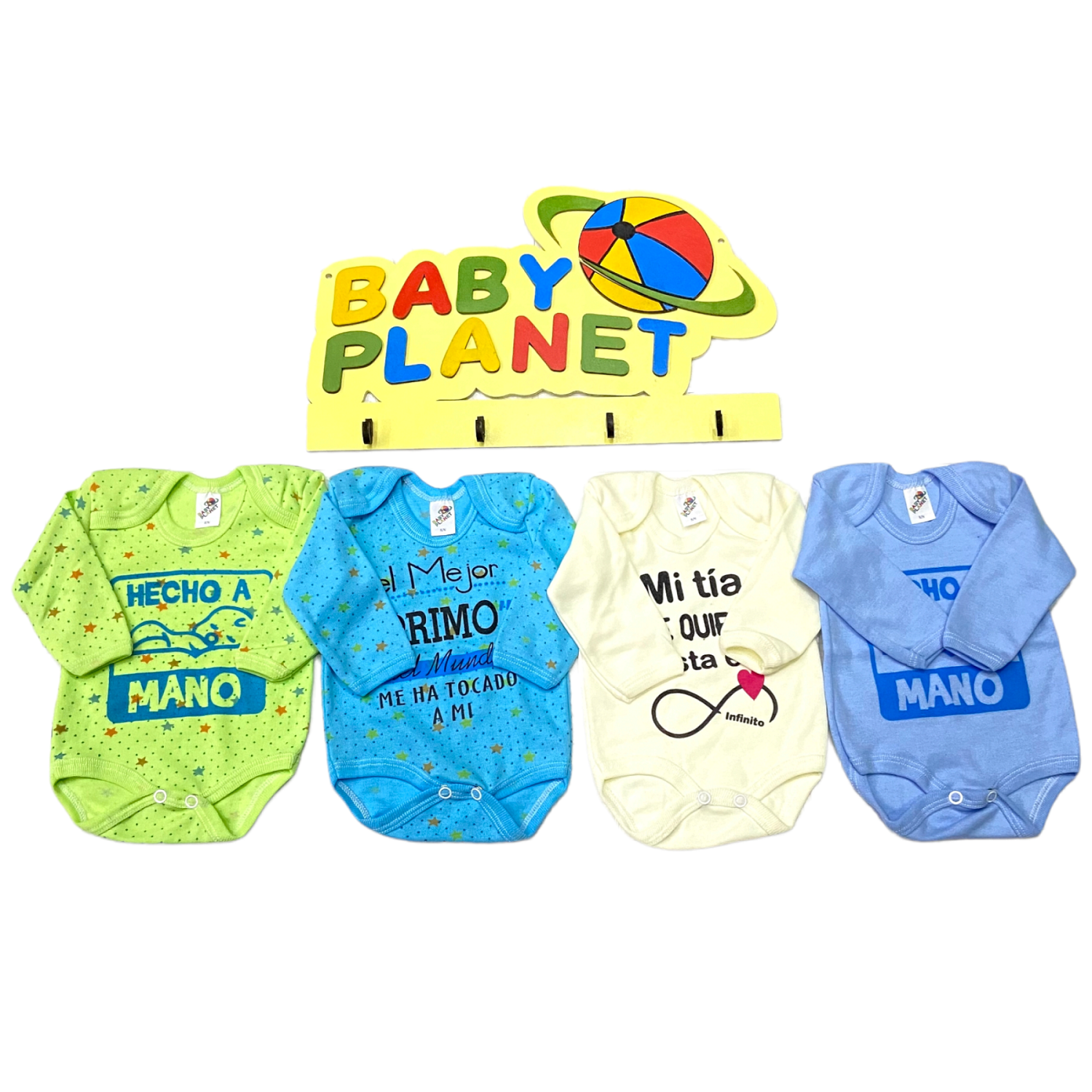 4 pañaleros o bodies en colores pastel con estampados para bebé, 100% algodón