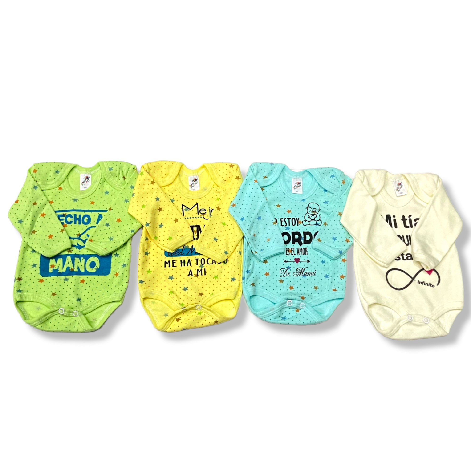 4 pañaleros o bodies en colores pastel con estampados para bebé, 100% algodón