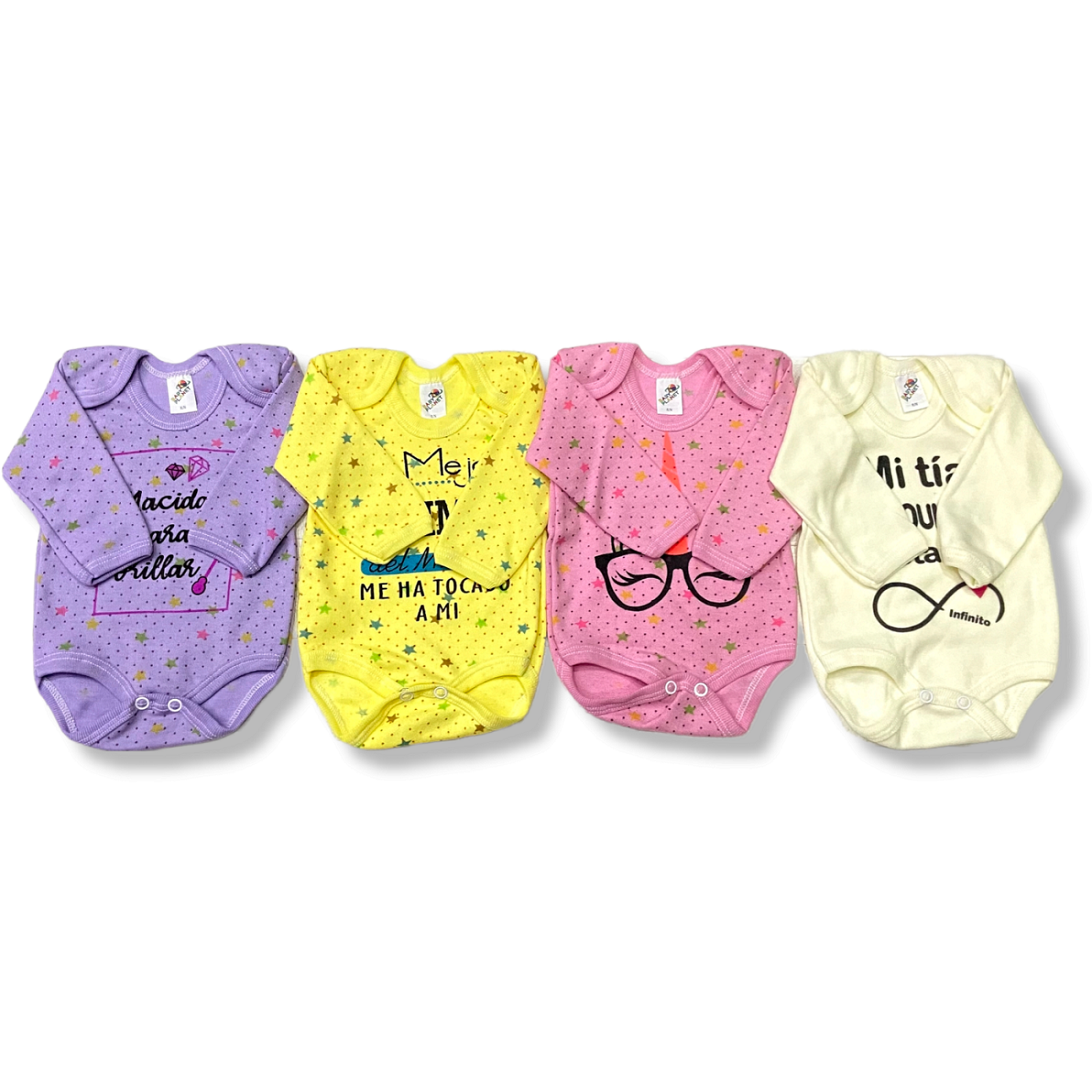 Juego de 3 pañaleros o bodies manga larga en colores pastel para bebé 100% algodón