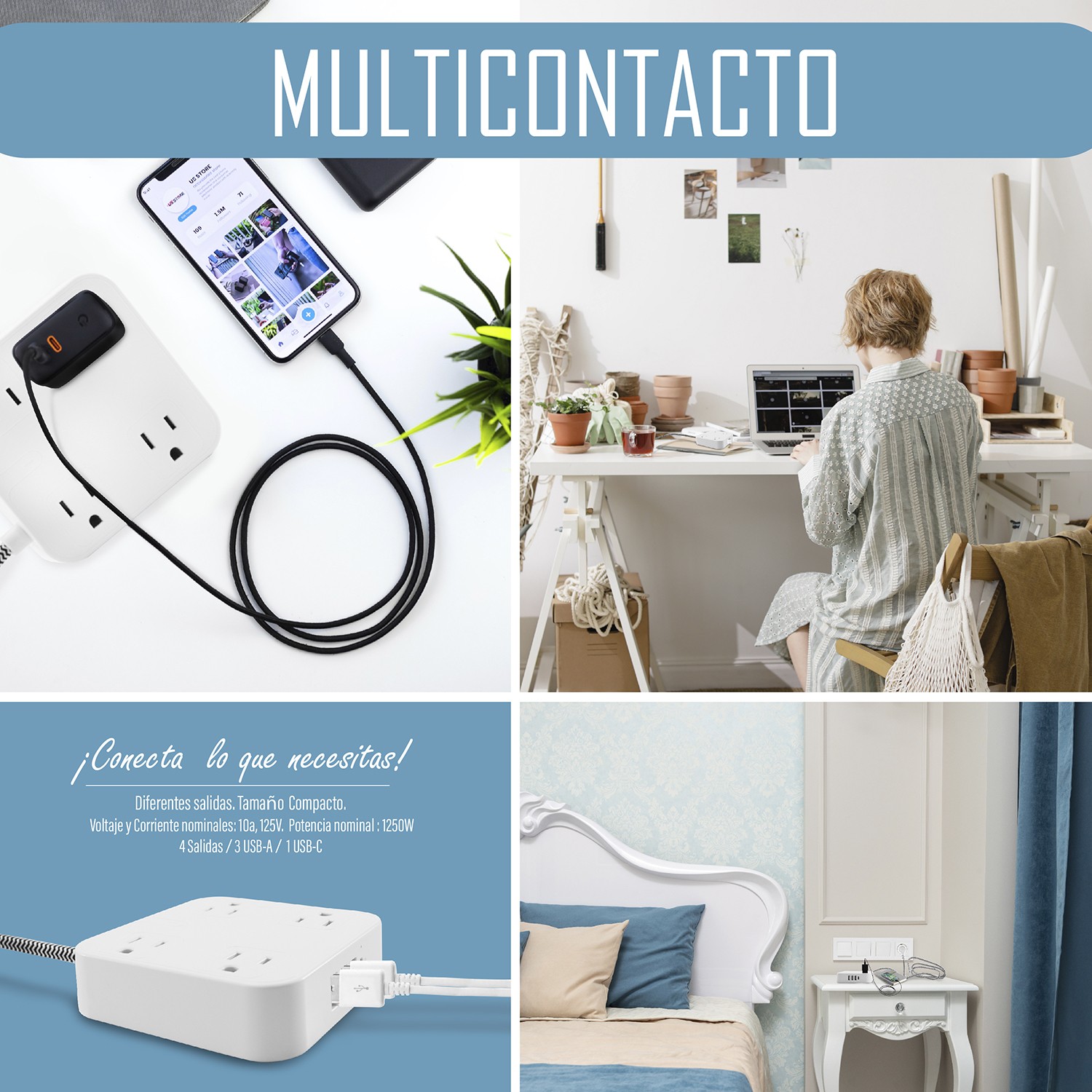 Multicontacto usb con 4 enchufes, 3 puertos usb y 1 usb-c