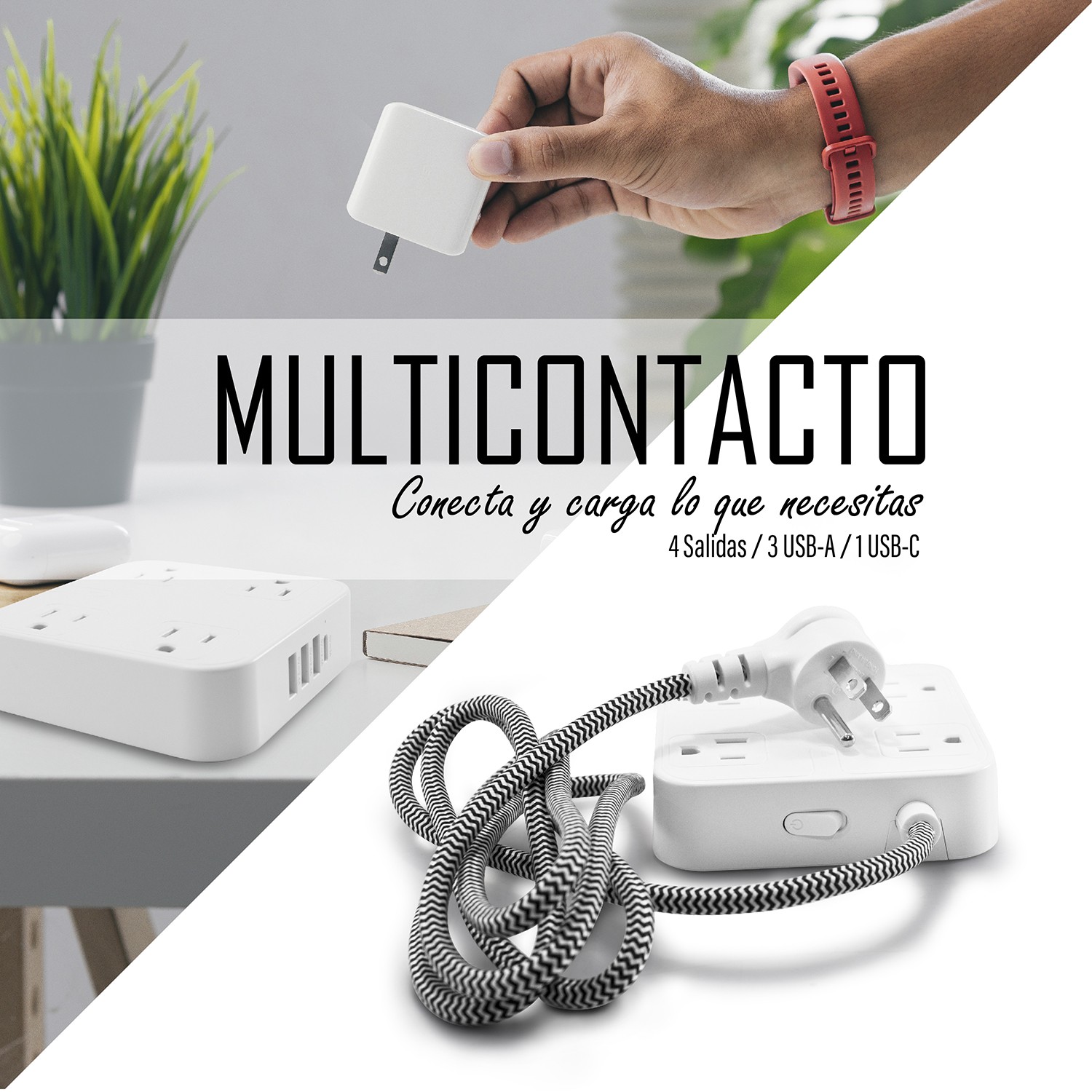 Multicontacto usb con 4 enchufes, 3 puertos usb y 1 usb-c