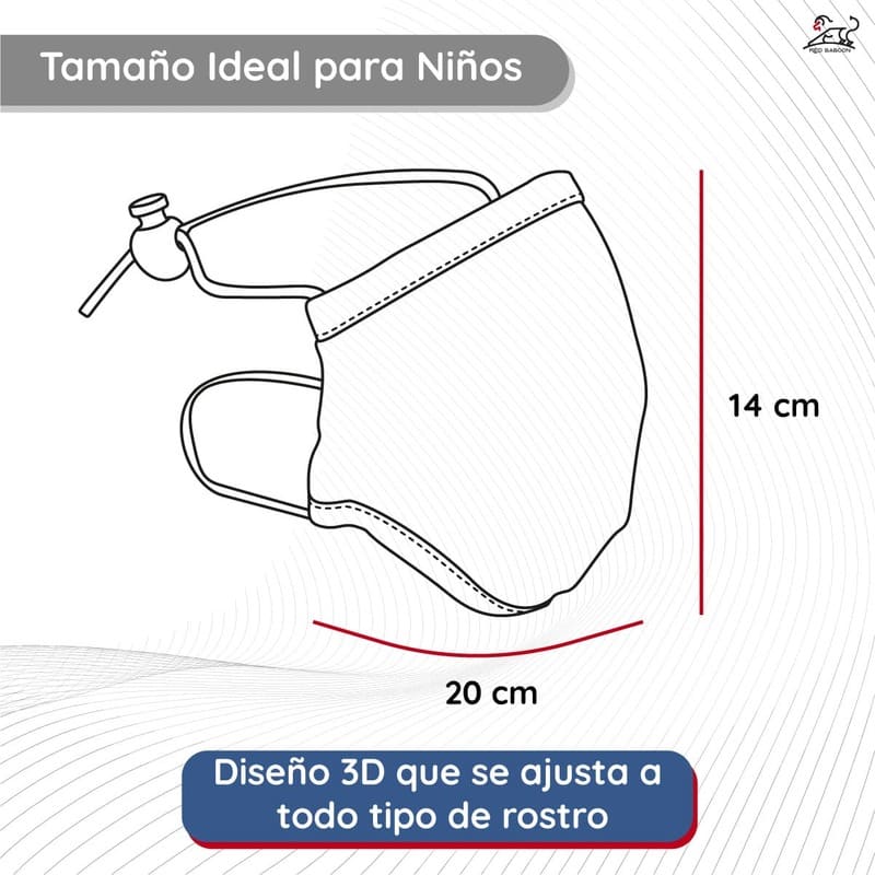 Cubrebocas Reutilizable para Niños de Tela Lavable Ajustable, Marca Red Baboon	