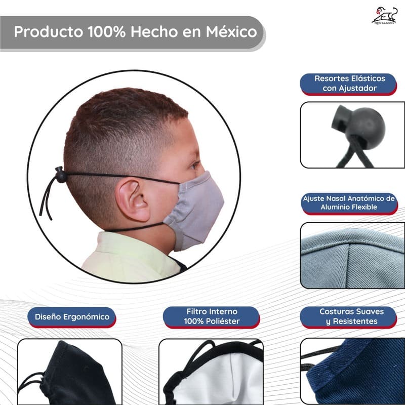 Cubrebocas Reutilizable para Niños de Tela Lavable Ajustable, Marca Red Baboon	