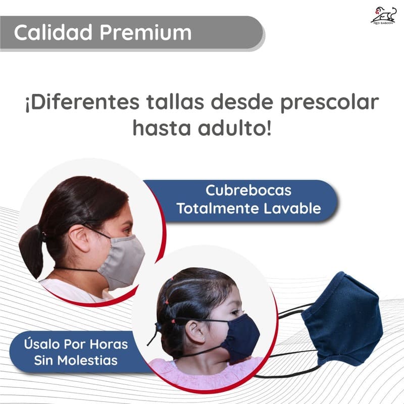 Cubrebocas Reutilizable para Niños de Tela Lavable Ajustable, Marca Red Baboon	