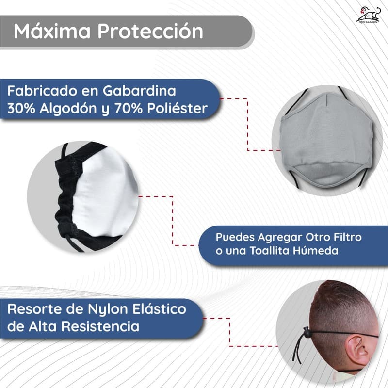 Cubrebocas Reutilizable para Niños de Tela Lavable Ajustable, Marca Red Baboon	