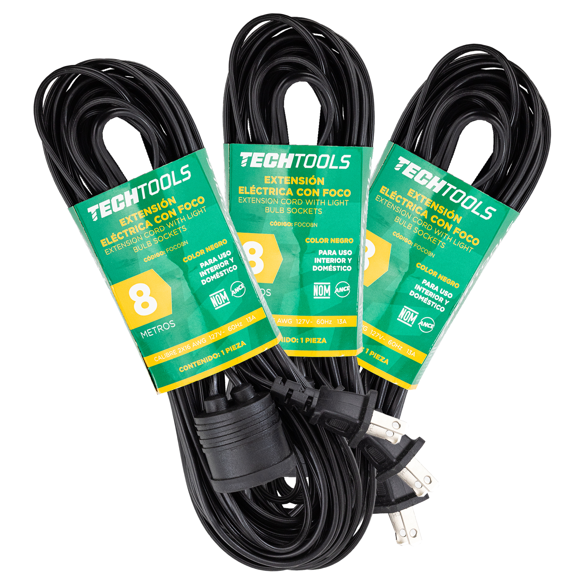 Paquete de 3 Extensiones Eléctricas con Portalámpara, de Color Negro, de 8 Metros. Clavija de 1.31 mm, 127 V, 60 Hz, 13 Amps