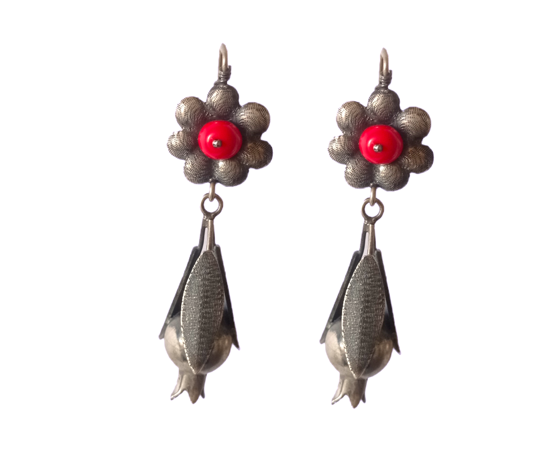 Pendientes de Plata con Flor Granada y piedra Coral