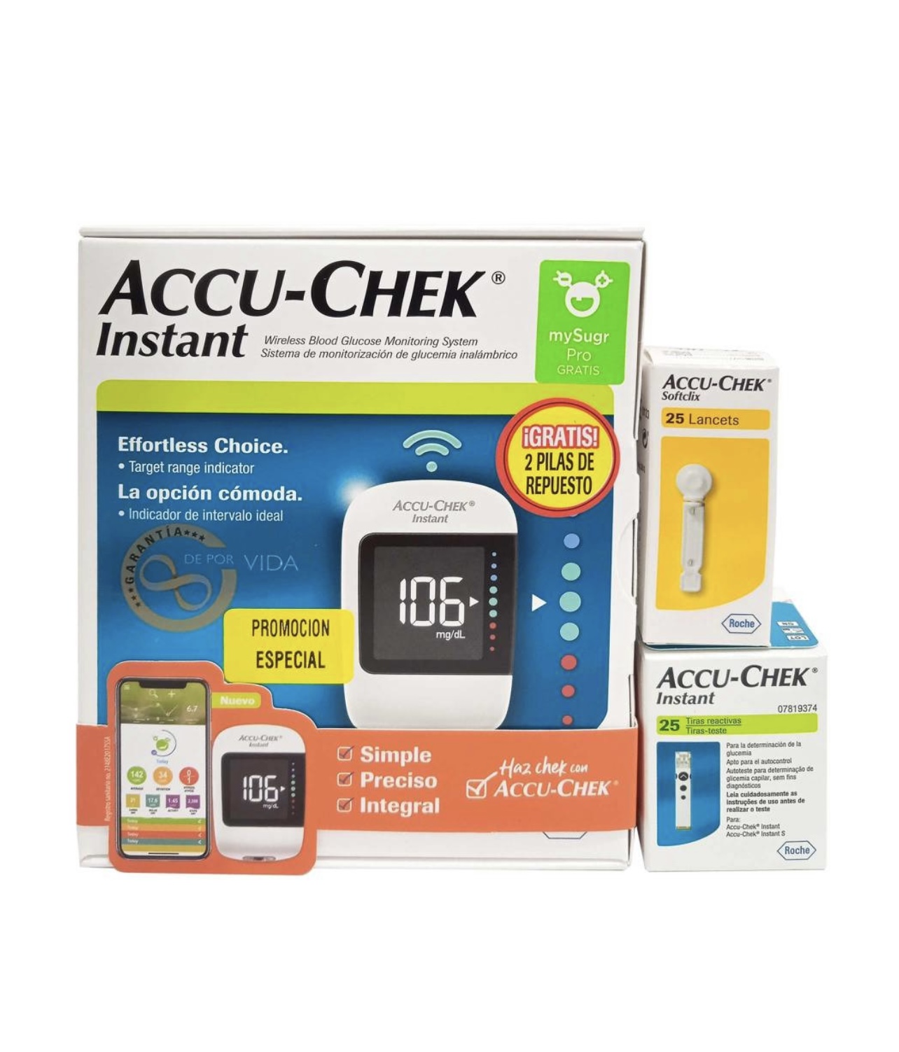 Glucómetro Accu-Chek Instant + 25 Tiras Reactivas + 25 Lancetas