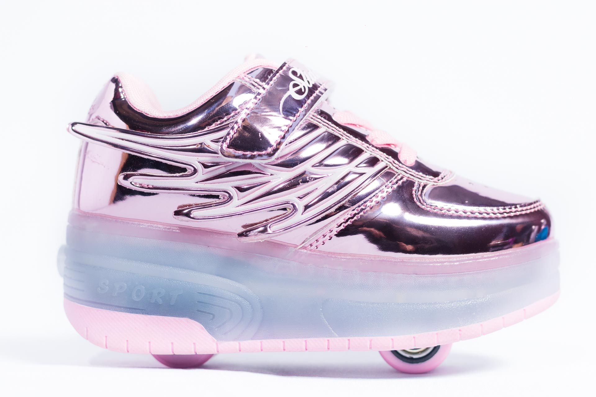 Tenís patín con luces led modelo deportivo con alas, color rosa metálico, talla 19
