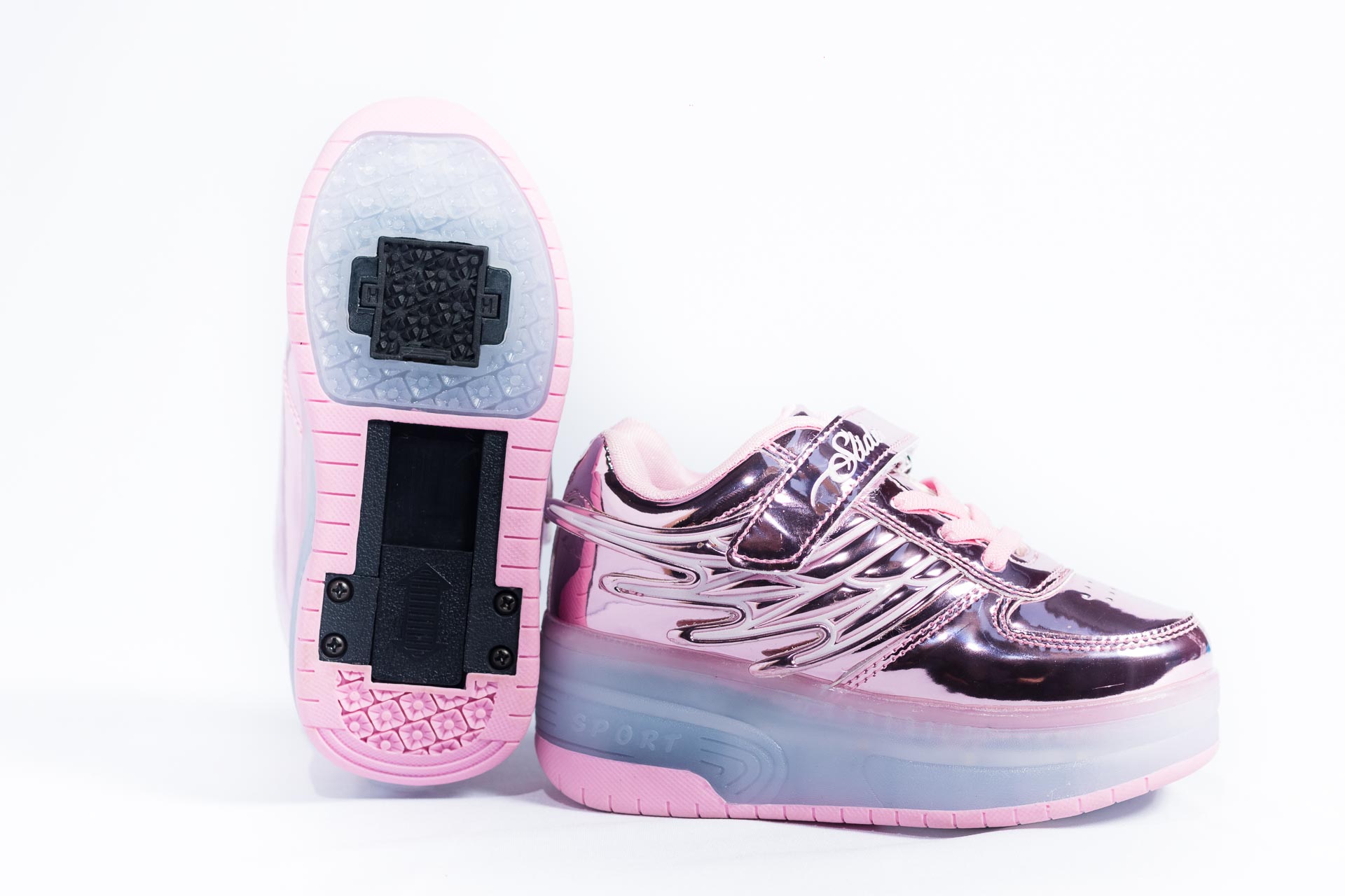 Tenís patín con luces led modelo deportivo con alas, color rosa metálico, talla 19