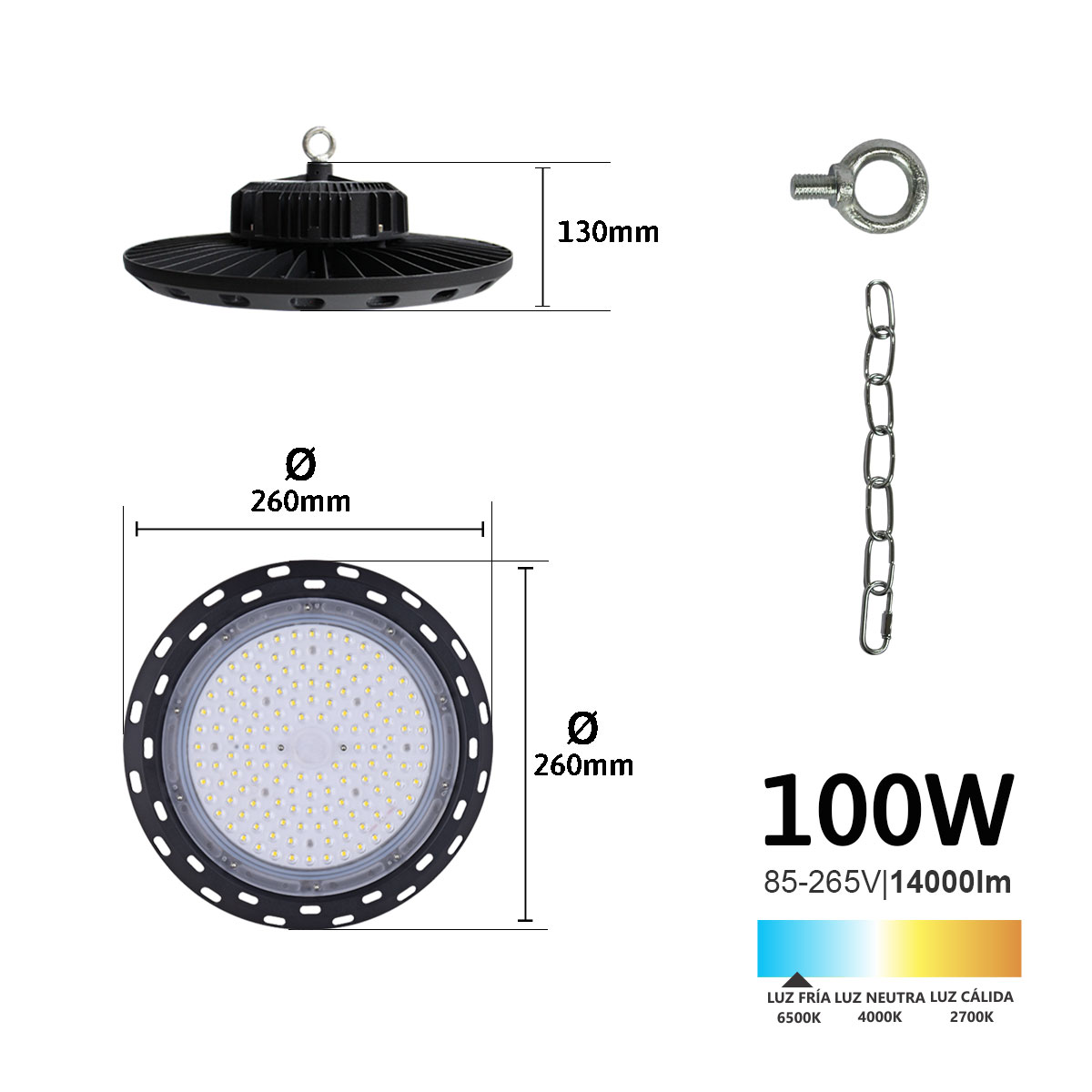 LAMPARA INDUSTRIAL UFO / HIGH BAY 100W PARA USO EXTERIOR