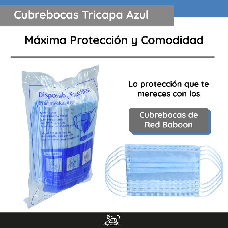 Cubrebocas Tricapa Tapabocas Termosellado Color Azul (Paquete Bolsa 100 Piezas) Red Baboon