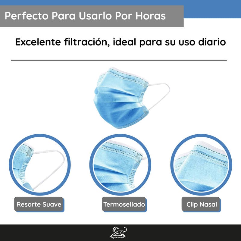 Cubrebocas Tricapa Tapabocas Termosellado Color Azul (Paquete Bolsa 100 Piezas) Red Baboon