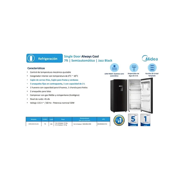 REFRIGERADOR MIDEA 7 PIES CON DESPACHADOR NEGRO MRD190CCDLSW