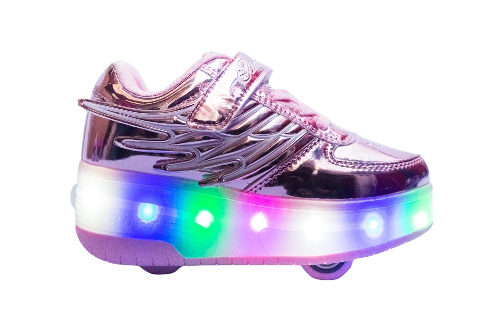 Tenís patín con luces led modelo deportivo con alas, color rosa metálico, talla 19