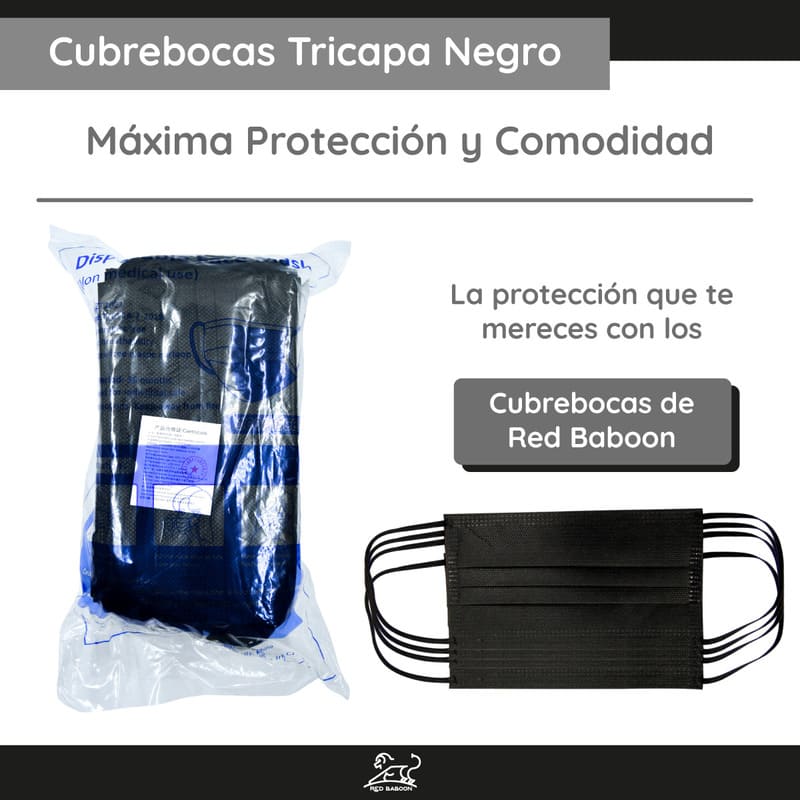 Cubrebocas Tricapa Tapabocas Termosellado Color Negro (Paquete Bolsa 100 Piezas) Red Baboon