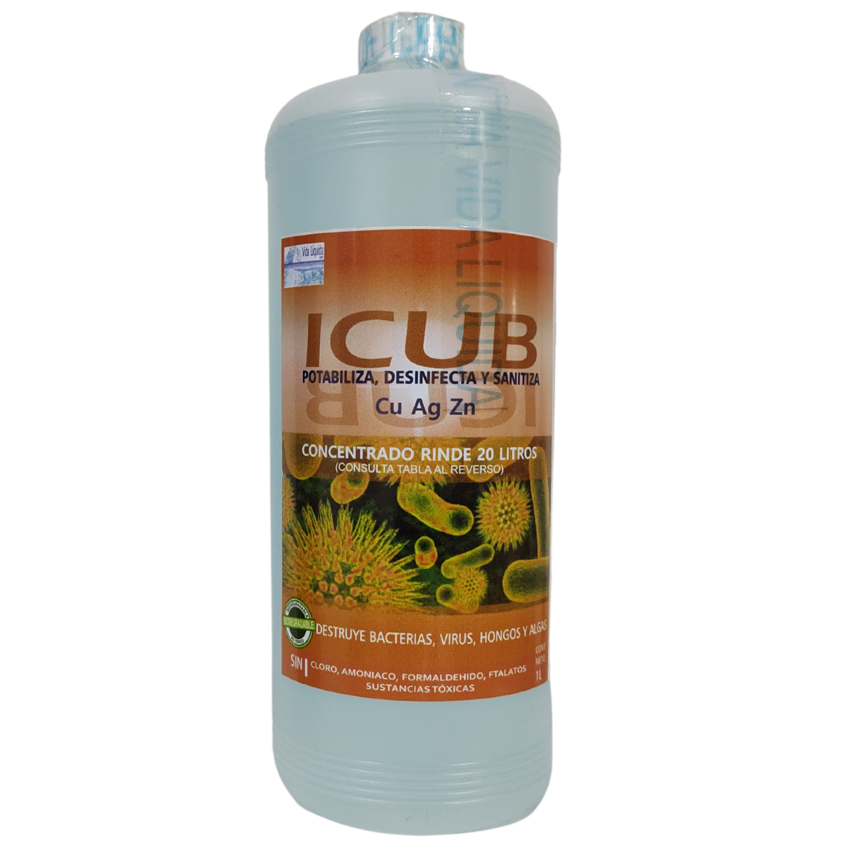 ICUB Vida Líquida 1 Litro Concentrado Desinfectante y Sanitizante Orgánico sin alcohol ni químicos tóxicos uso infantil y escolar seguro