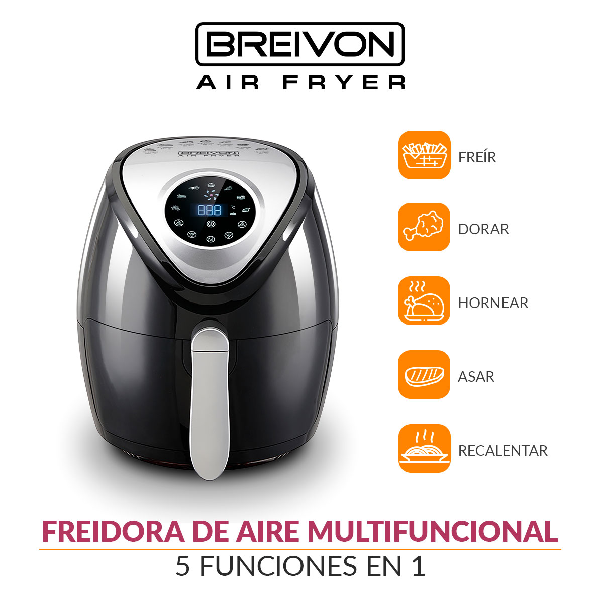 Freidora Eléctrica De Aire Breivon Ready Cook 3.2L Pantalla Táctil/ 7 Programas Preestablecidos y Recetario Gratis
