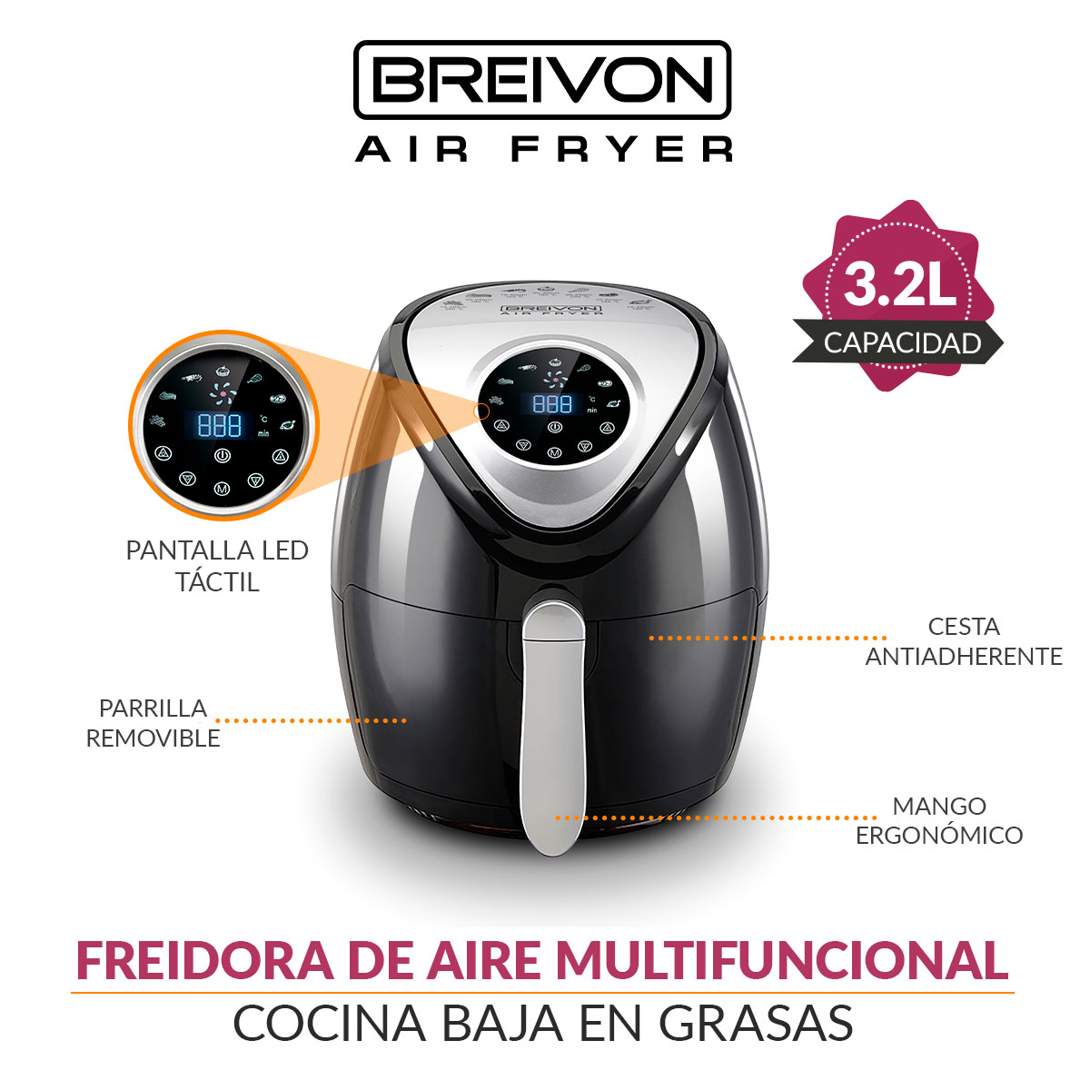 Freidora Eléctrica De Aire Breivon Ready Cook 3.2L Pantalla Táctil/ 7 Programas Preestablecidos y Recetario Gratis