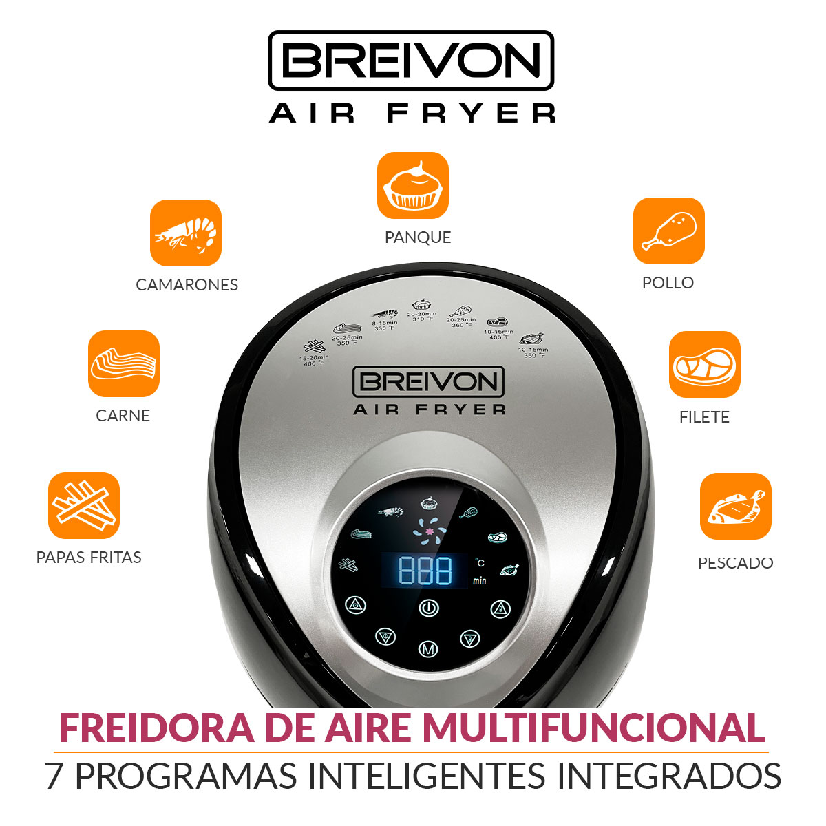 Freidora Eléctrica De Aire Breivon Ready Cook 3.2L Pantalla Táctil/ 7 Programas Preestablecidos y Recetario Gratis